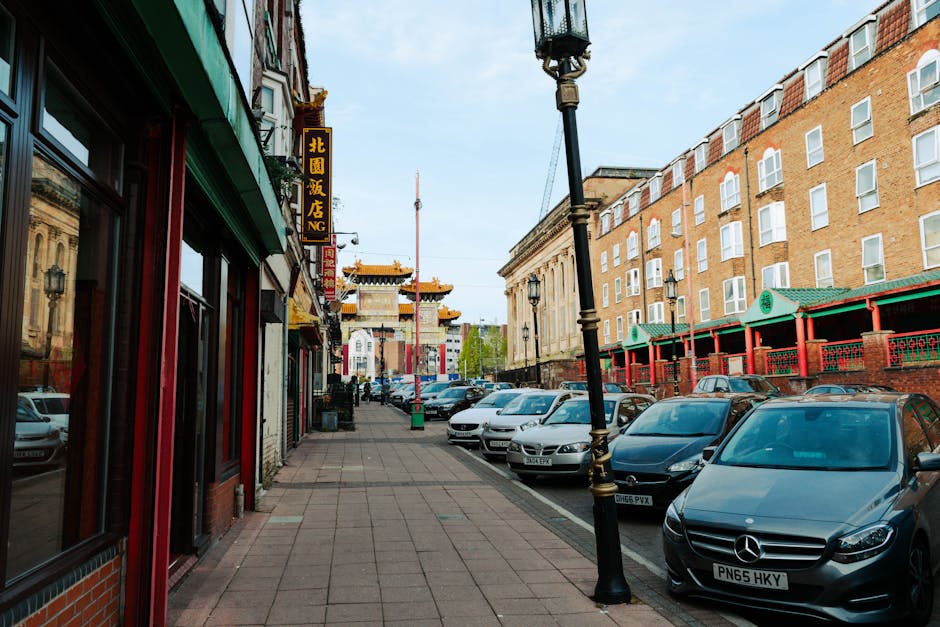The image displays a busy urban street scene in Chinatown with parked cars along the curb, including a silver Mercedes-Benz and other vehicles, close to storefronts with green and red accents. A black